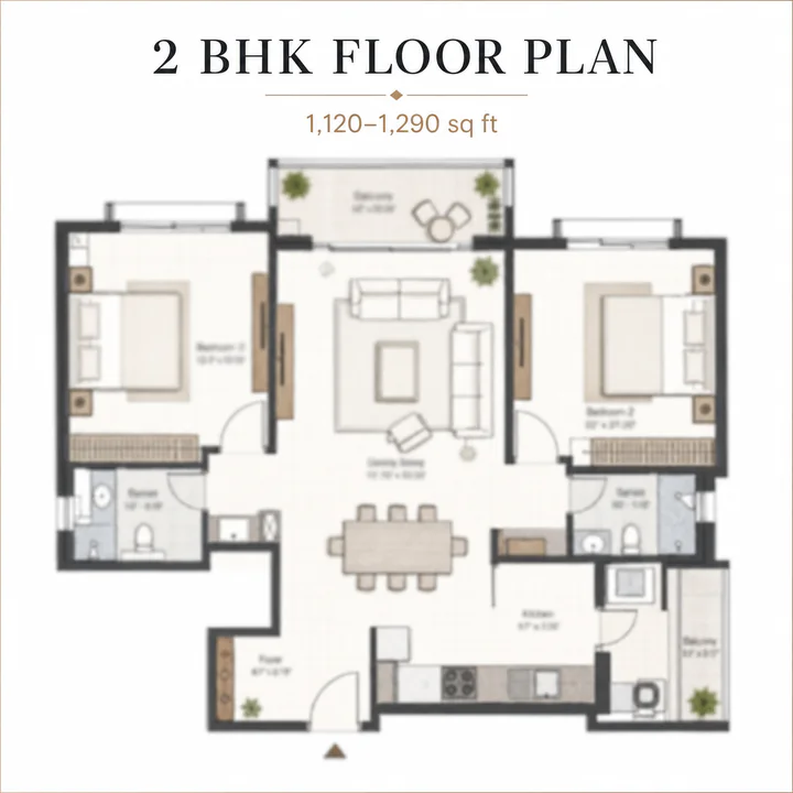 SNN Kannur Road 2 BHK apartment floor plan, 1,120–1,290 sq ft